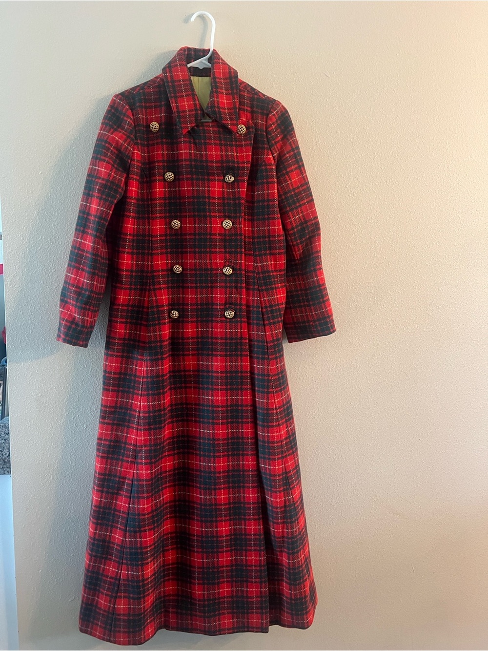 Women's Vintage Handmade Red Green Plaid Double-Breasted Long Coat